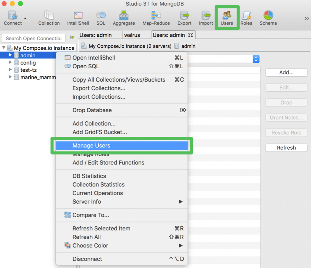 Add MongoDB users to your Compose-hosted database directly in Studio 3T
