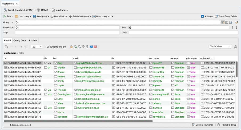 Studio 3T's collection tab is the starting place for viewing and exploring MongoDB data