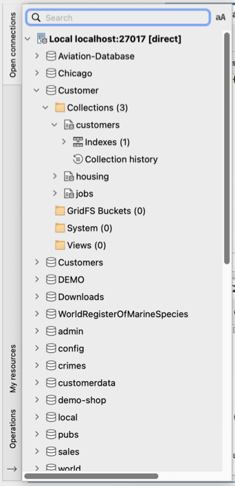 Studio 3T's connection tree displays all your open connections and their respective databases and collections
