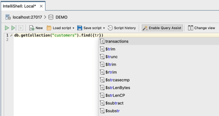 Write queries in IntelliShell, Studio 3T's built-in shell, and use smart autocompletion