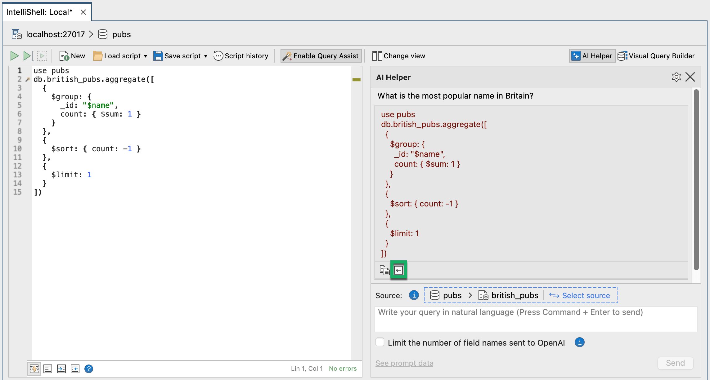 Ask questions about your data and use the resulting MongoDB query script in IntelliShell.