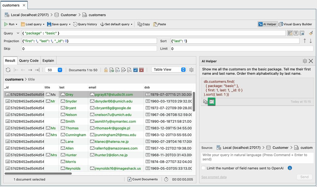 Ask questions about your MongoDB collection data and use the resulting find query in the Query Bar.