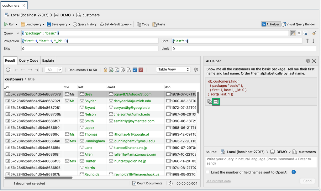 Ask questions about your MongoDB collection data and use the resulting find query in the Query Bar.