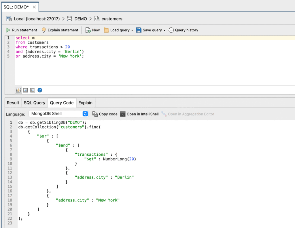 Query MongoDB with SQL statements and see the resulting MongoDB syntax