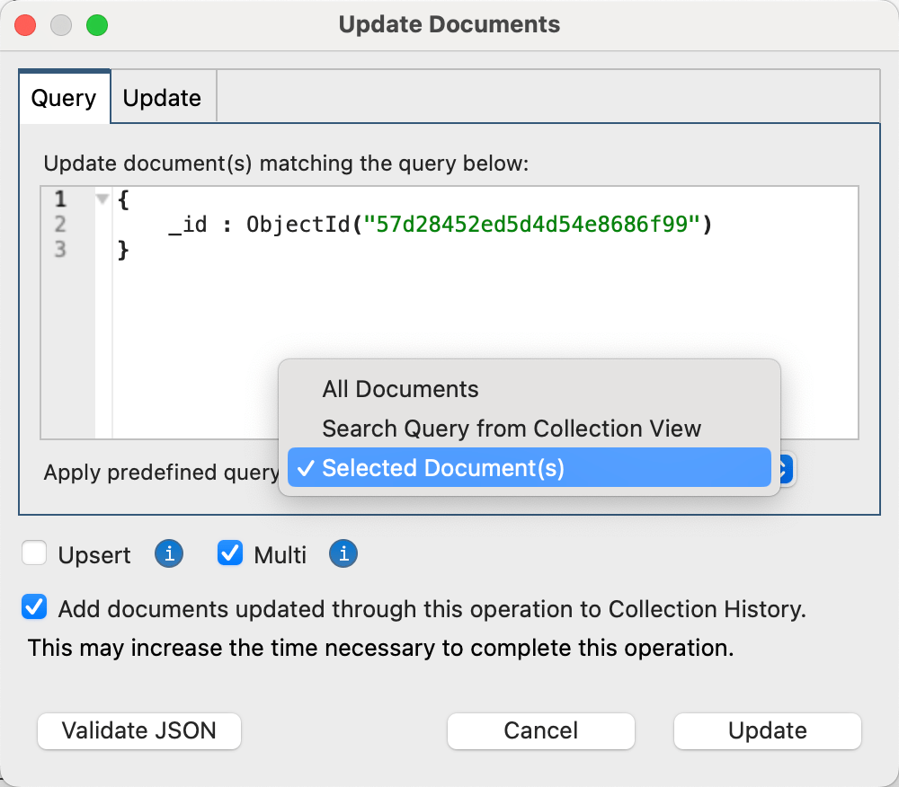 The Query tab on the Update Documents dialog is where you specify the documents you want update: documents that match the query you type in the text box, all documents in the collection, only documents that match the criteria in the Main Query Bar, or documents you have selected in the Results tab