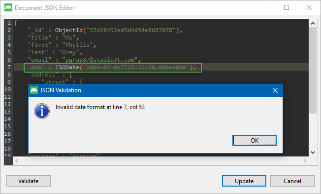 Validate JSON in Studio 3T using the Document JSON Editor.