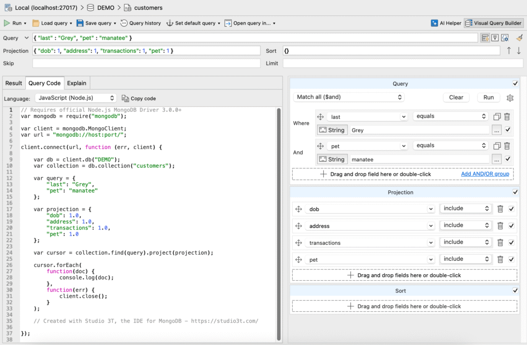 Query Code shows the equivalent JavaScript code for a query built by dragging and dropping fields from a collection in the Visual Query Builder.