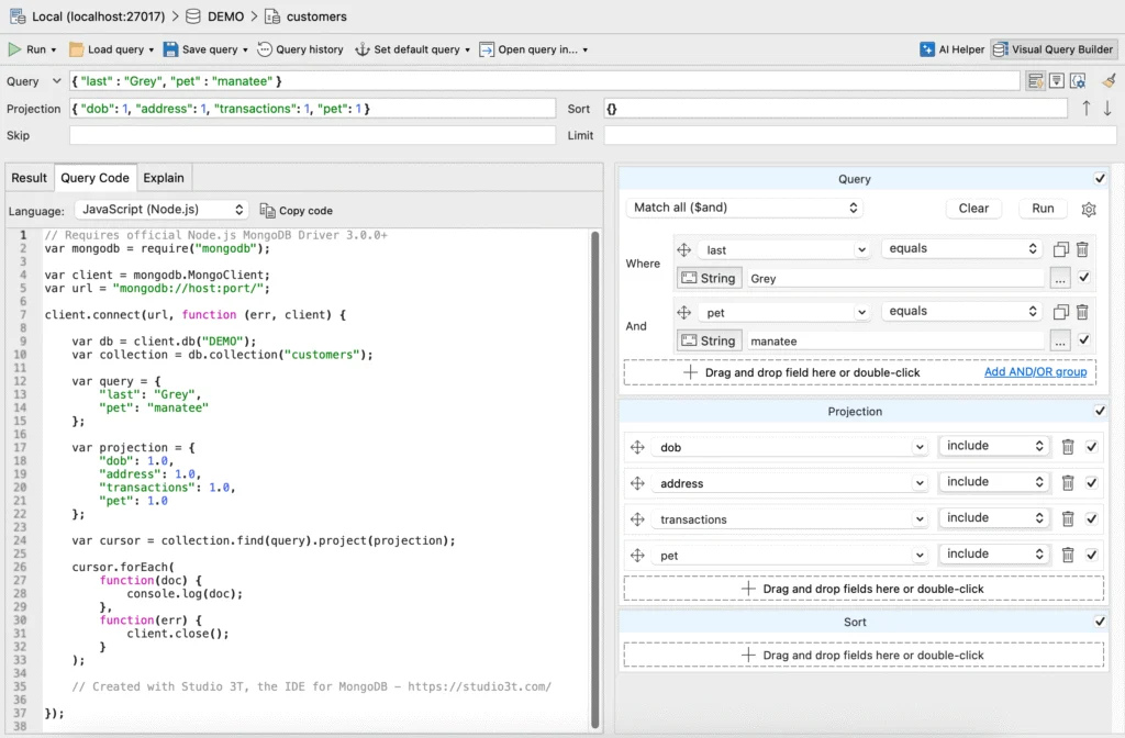 Query Code shows the equivalent JavaScript code for a query built by dragging and dropping fields from a collection in the Visual Query Builder.