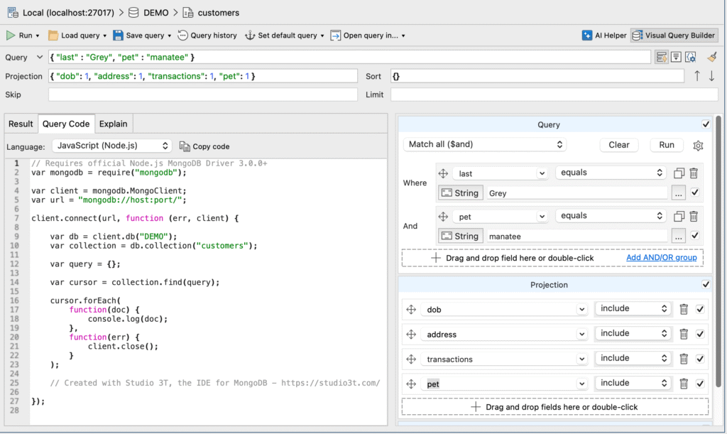 Query Code shows the equivalent JavaScript code for a query built by dragging and dropping fields from a collection in the Visual Query Builder.