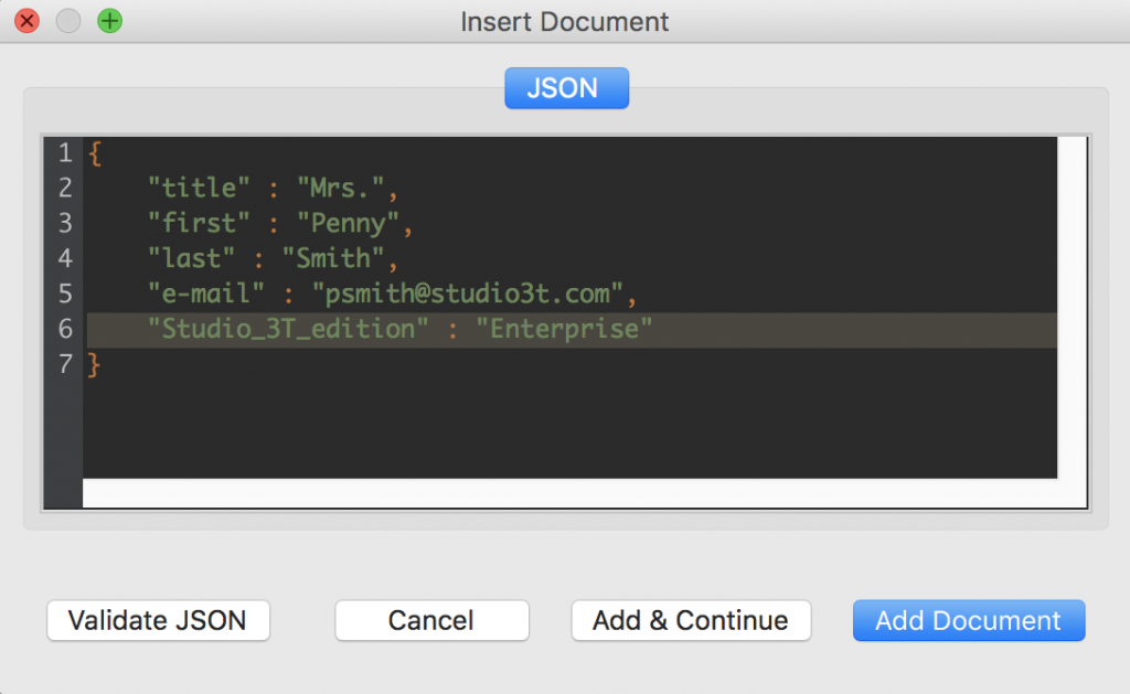 Insert JSON document to be added