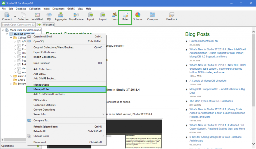 Right click or use the 'Roles' button to see current MongoDB roles