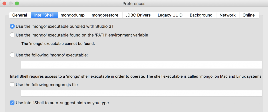 Disable IntelliShell under Studio 3T Preferences