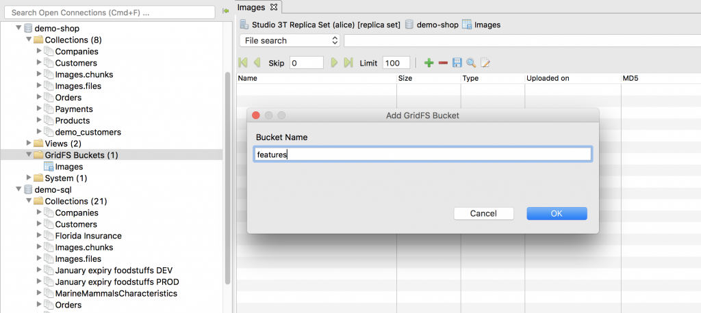 Add GridFS bucket in Studio 3T
