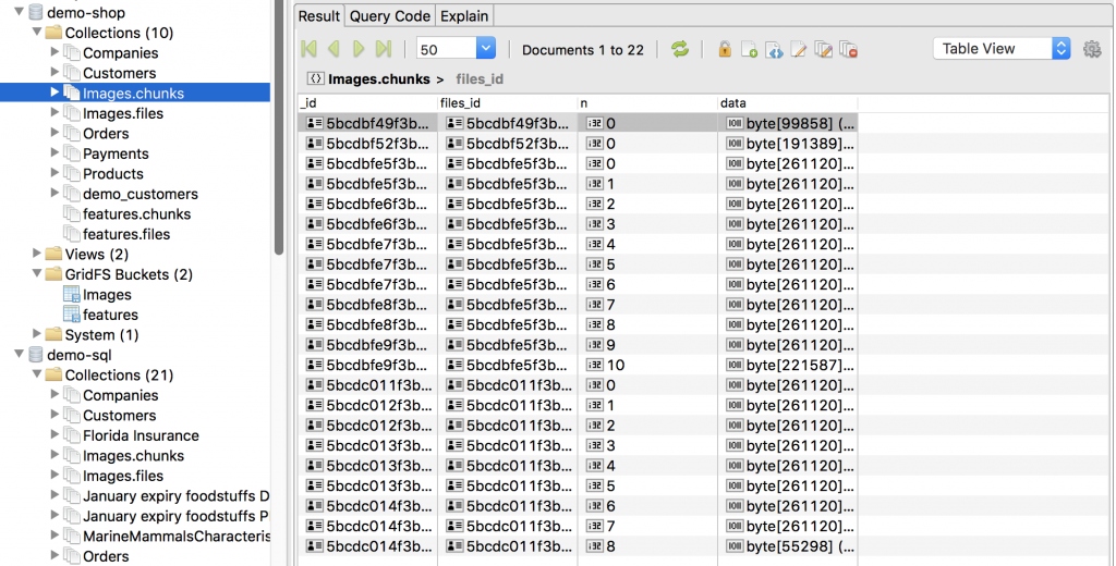 The chunks collection contains the actual file chunks