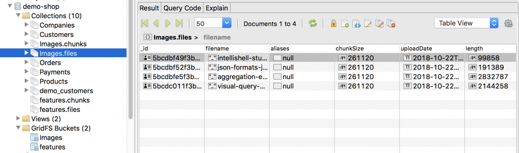 The files collection contains the file metadata