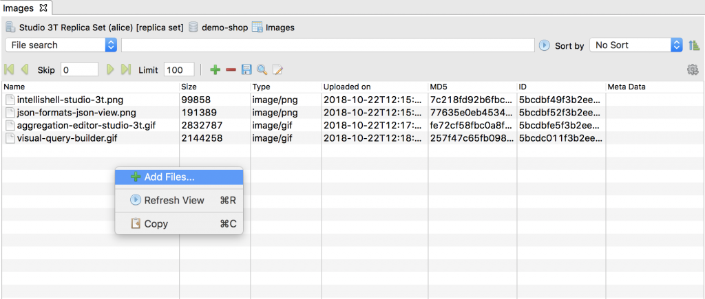 One way to add a file is to right click anywhere in GridFS view