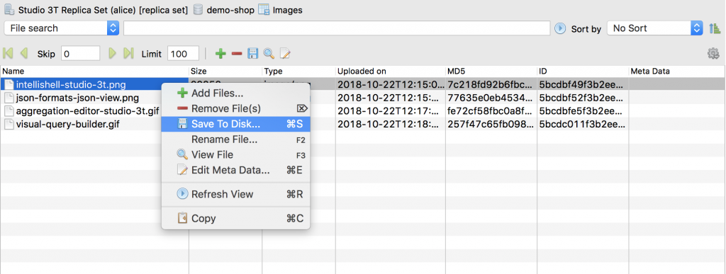 Save GridFS file to disk by right-clicking on a file and choosing Save to Disk