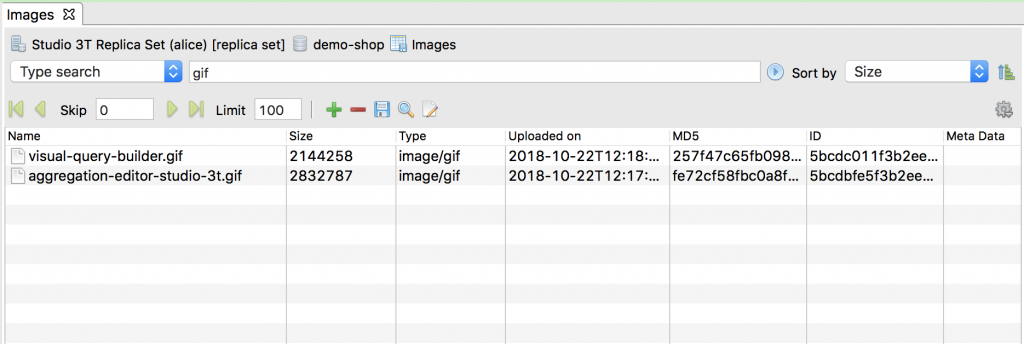 Define your search and sort parameters to find particular GridFS files