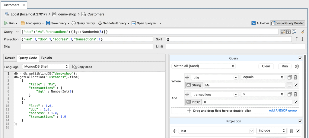 Click on the Query Code tab to view the query in mongo shell language