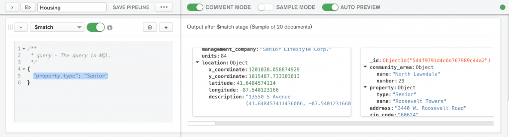 $match stage in MongoDB compass only shows a sample size of 20