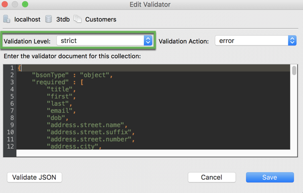 Set the validation to off, strict, or moderate directly in Studio 3T
