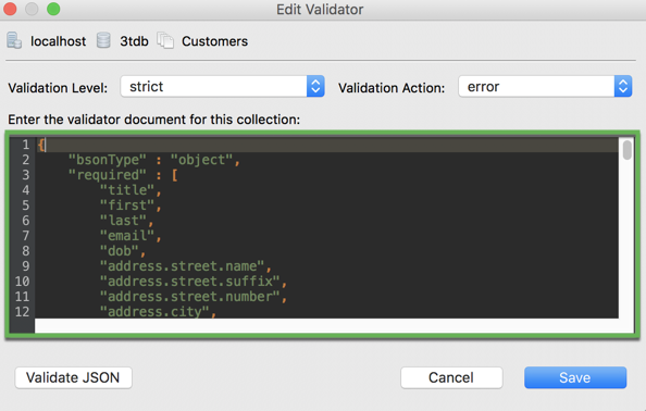 Apply JSON schema validation rules to your collection