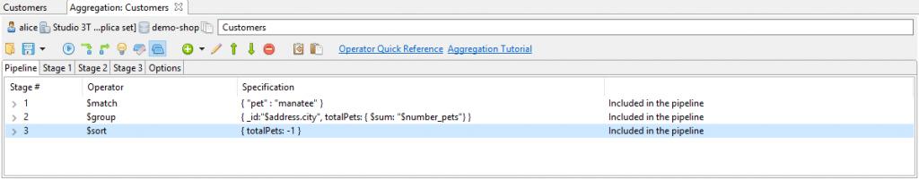 The Pipeline tab in Studio 3T shows you an overview of the full MongoDB aggregation query