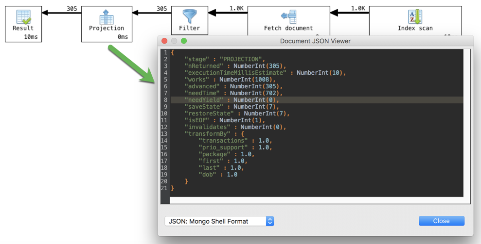 Displays the stage's specific JSON fragment