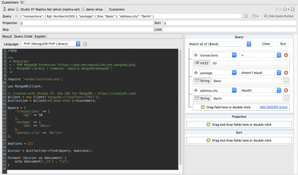 Translate MongoDB to PHP with Studio 3T's Query Code