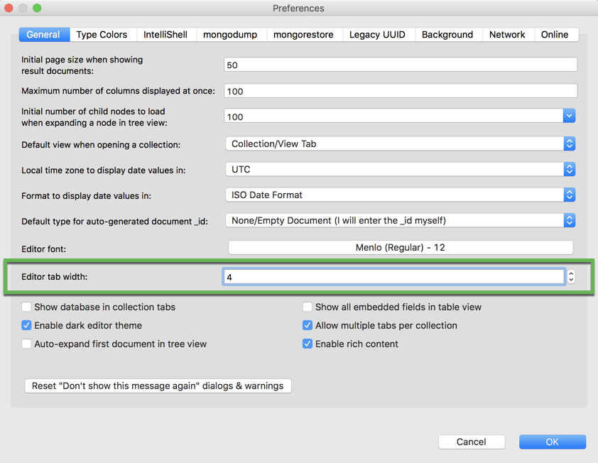 Define editor tab width under Studio 3T > General > Preferences