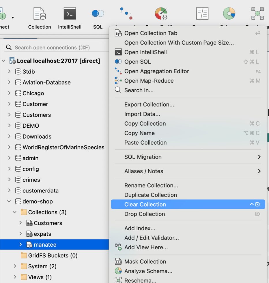 Choose your target collection and click Clear Collection to run the equivalent MongoDB deleteMany command.