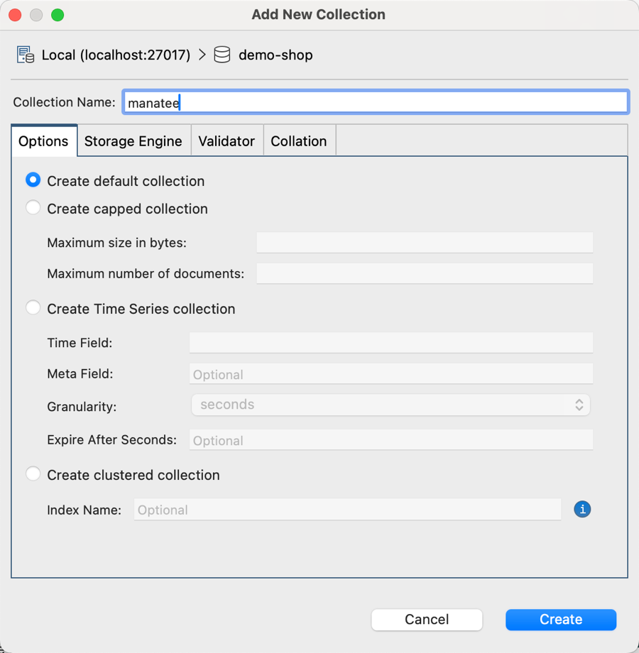 Enter a collection name and configure the settings for your new MongoDB collection in a GUI instead of learning complicated command syntax