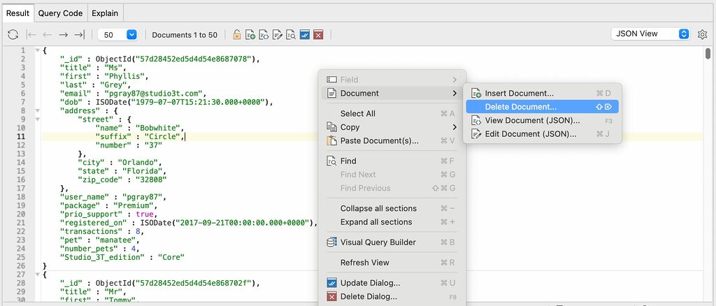 Choose the target document and click Delete Document to remove or delete a document from a MongoDB collection.