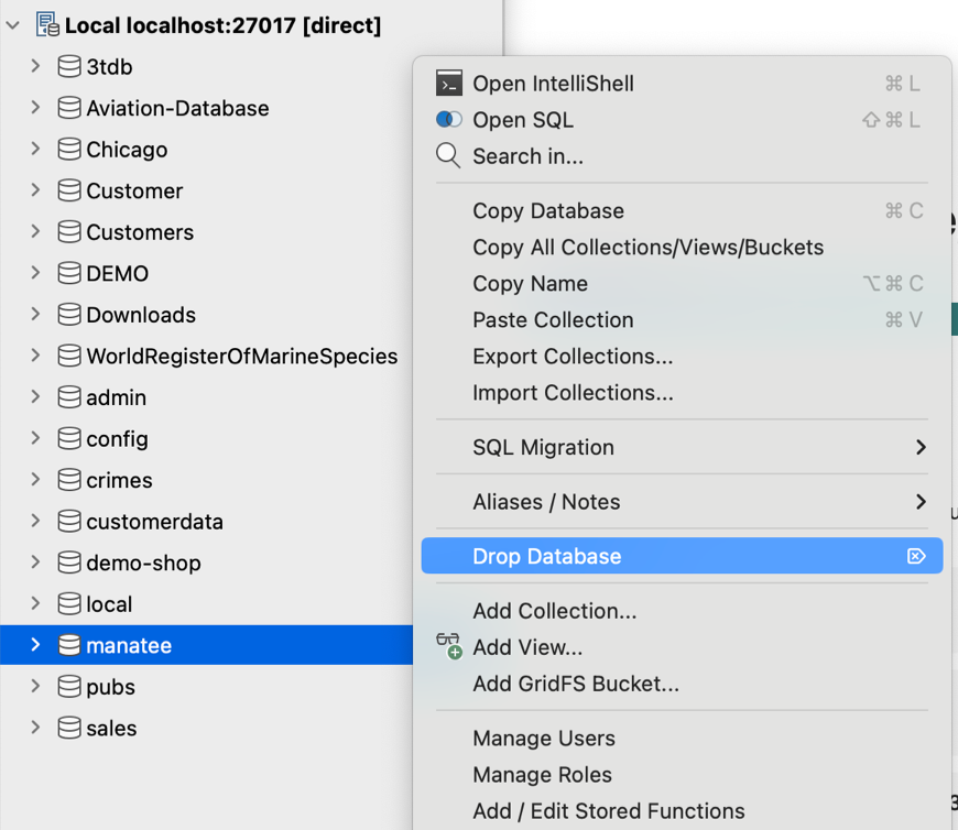 Right click on the target database and choose Drop database to delete the database from MongoDB