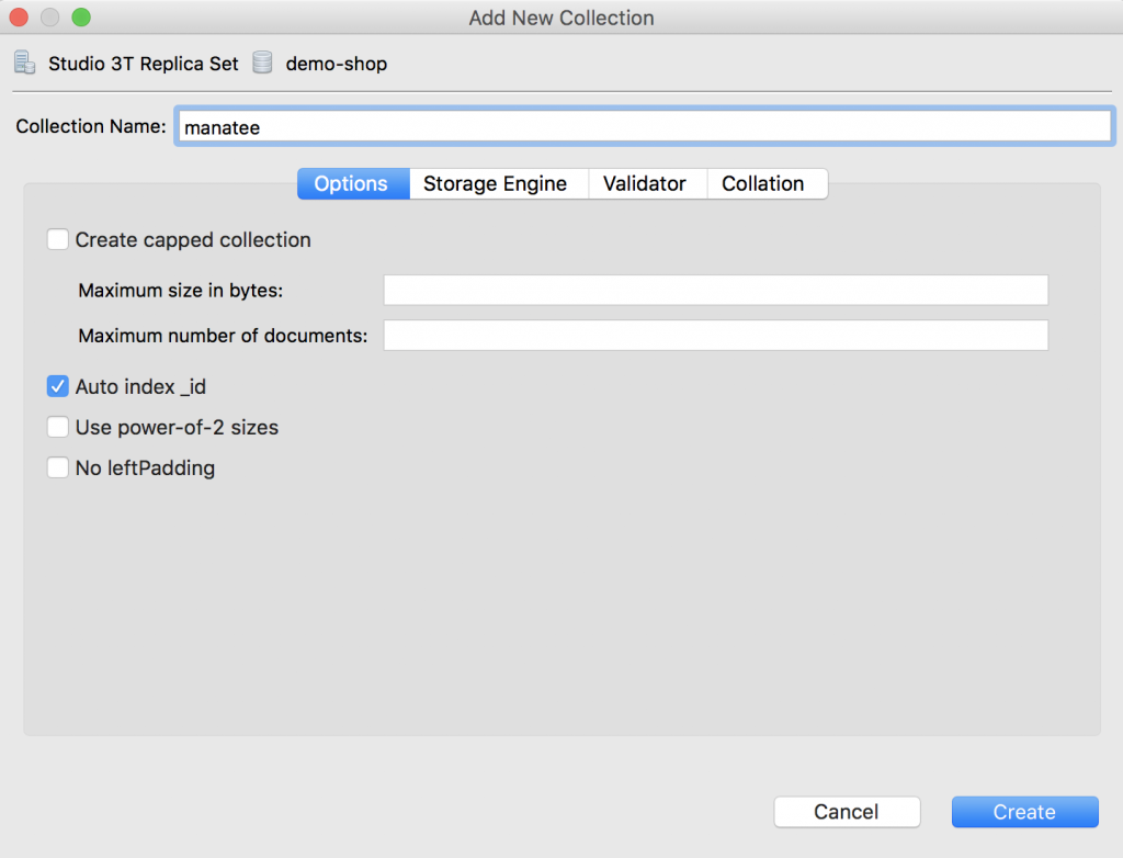 Enter a collection name and configure the right settings