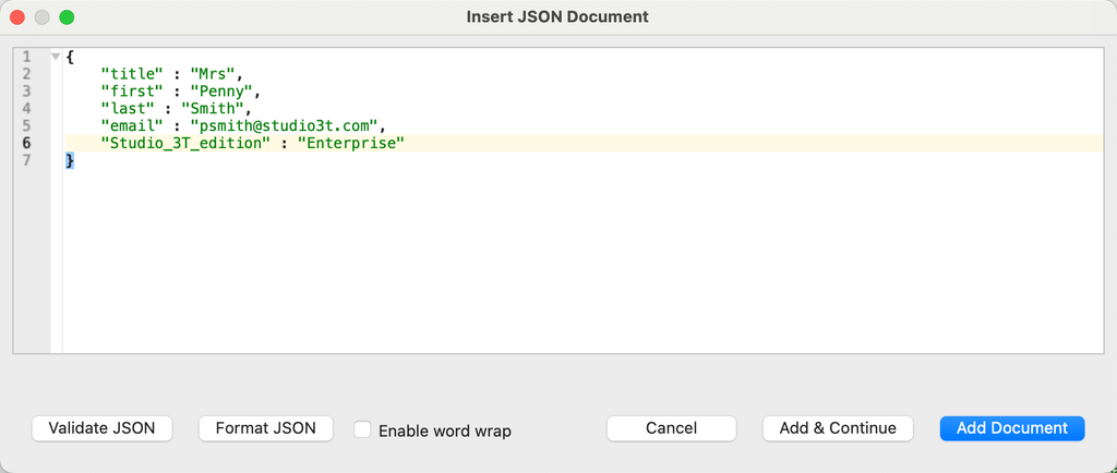 Insert documents into a MongoDB collection using the Insert JSON document dialog.