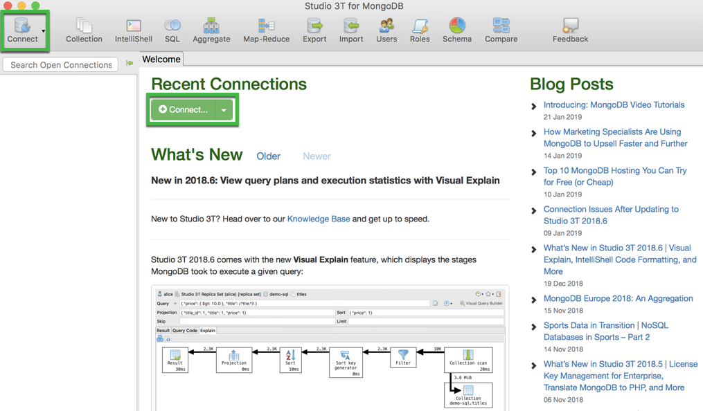 Find two ways to connect to your MongoDB database from the Studio 3T Welcome Tab