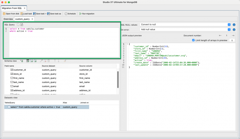 Write and edit a custom SQL query to apply filtering and import only a subset of data in your SQL to MongoDB migration