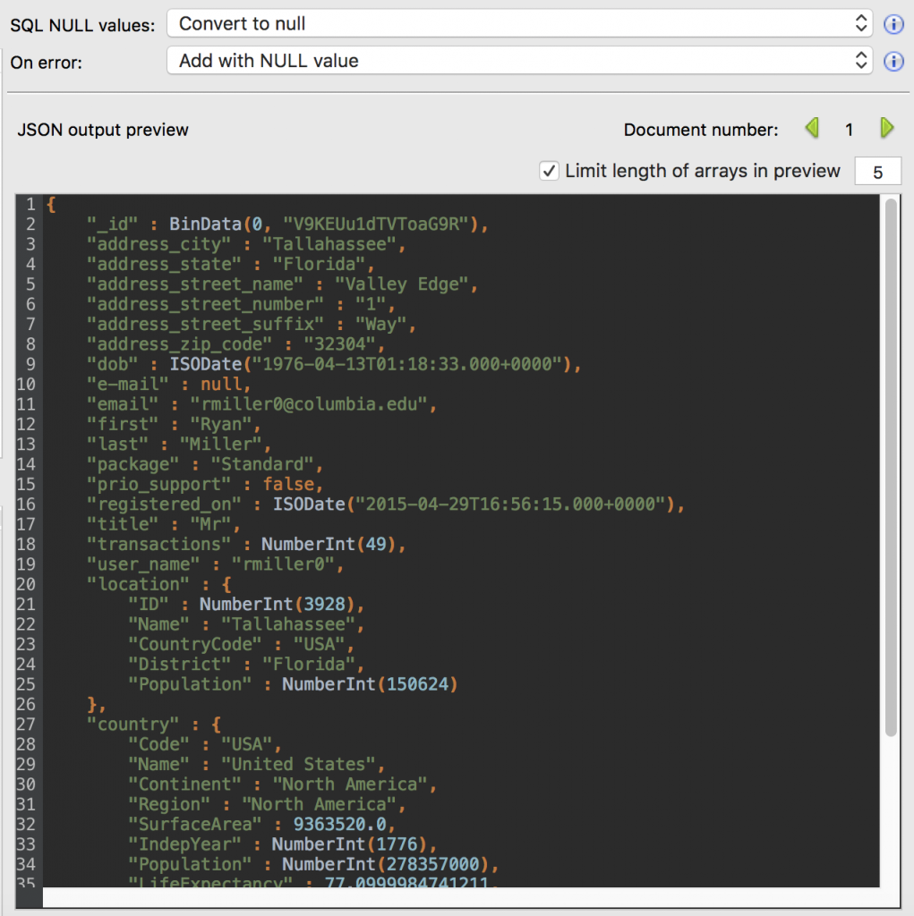 JSON preview of the SQL to MongoDB Migration feature