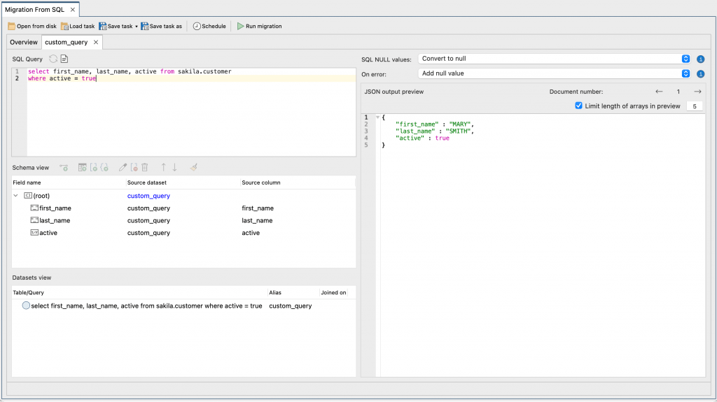 When you edit the SQL query columns and create a new default mapping, the Schema view and JSON output preview is updated