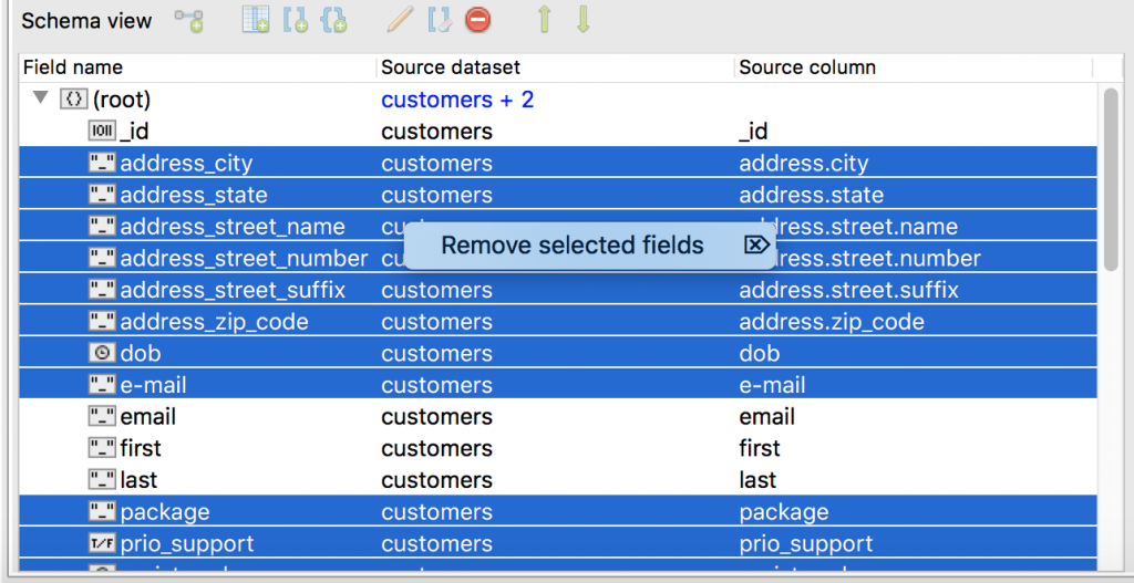 Remove selected fields from the SQL import to MongoDB