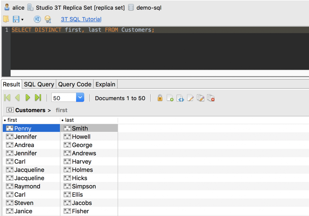 You can now use SELECT DISTINCT in SQL Query to query MongoDB