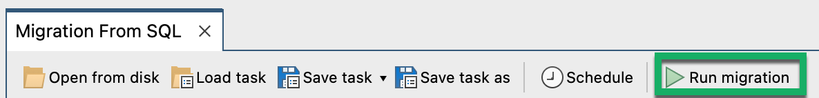 Click on Run Migration in the toolbar to start importing the tables from the SQL database to your MongoDB server.