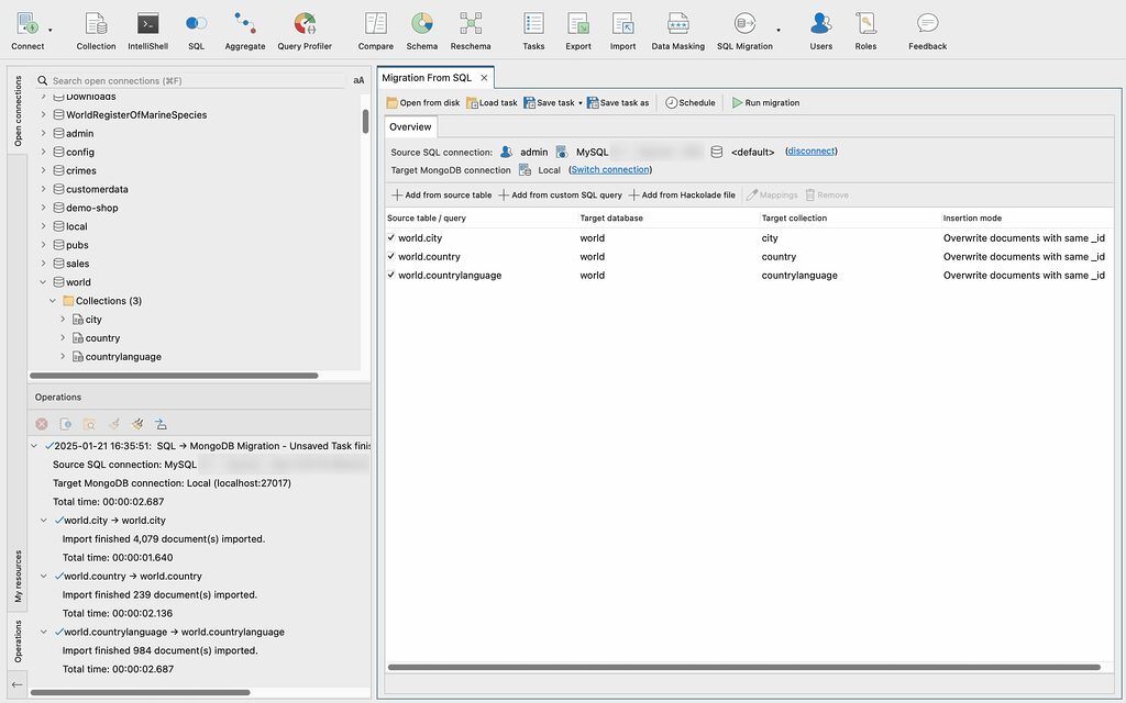 Track the import or migration operation from SQL to MongoDB.