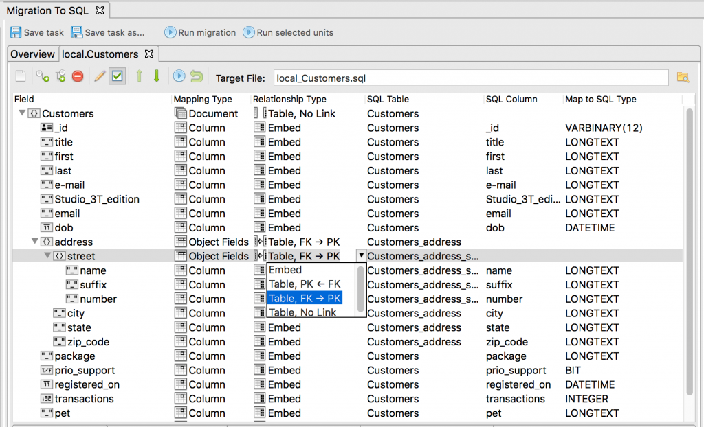 Click on Mappings to configure fields to SQL tables and rows