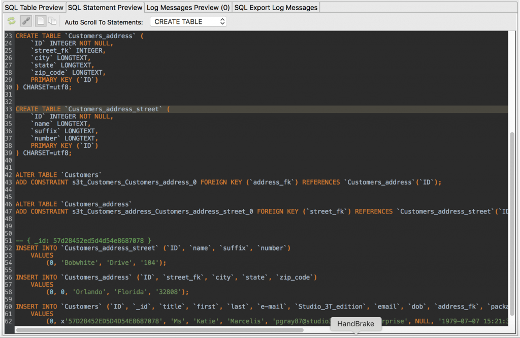 SQL Statement Preview displays a preview of all the SQL statements to be used for the export