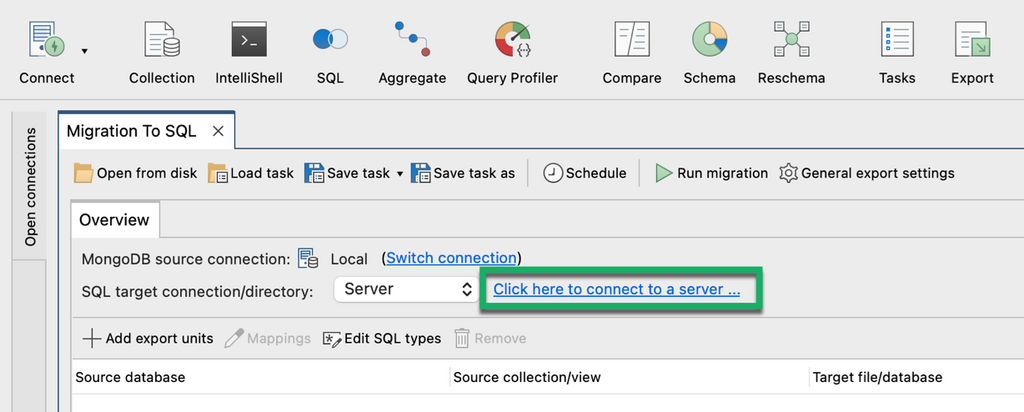 Connect to the SQL server to which you want to export MongoDB data. 