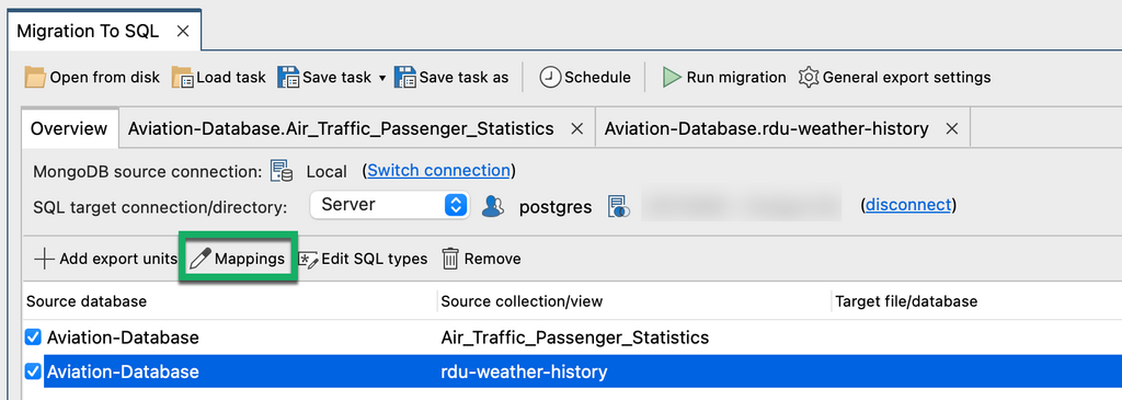 Click Mappings to generate a preview of the SQL tables and data that will be migrated from MongoDB to SQL.