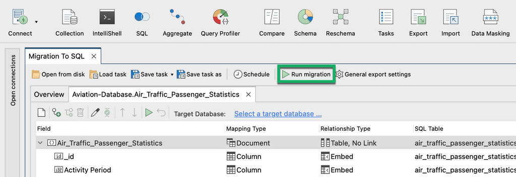 Click Run migration to begin exporting data from your MongoDB collections to your SQL database.