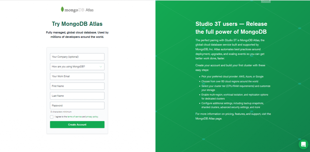 MongoDB Atlas landing page